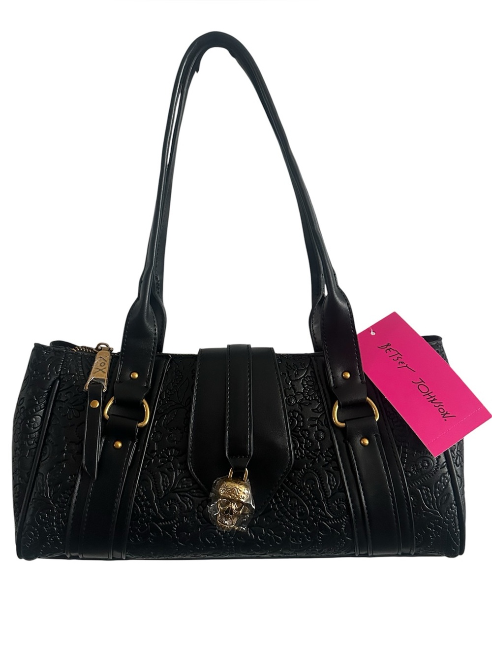 Betsey Johnson Black Embossed Shoulder Bag with Skull Gold Hardware